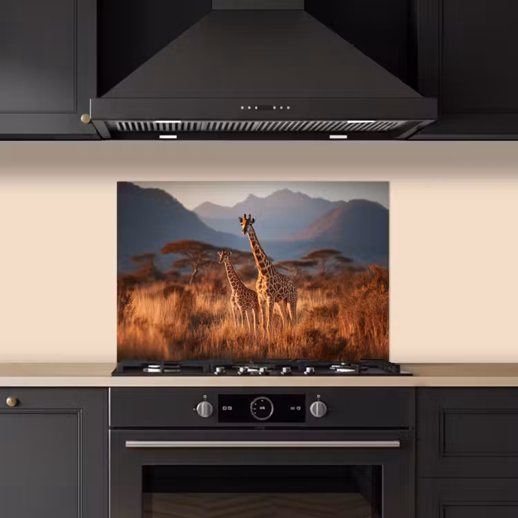 Giraffen - Hoog gras - Acaciabomen keuken achterwand spatscherm klein -sfeer1
