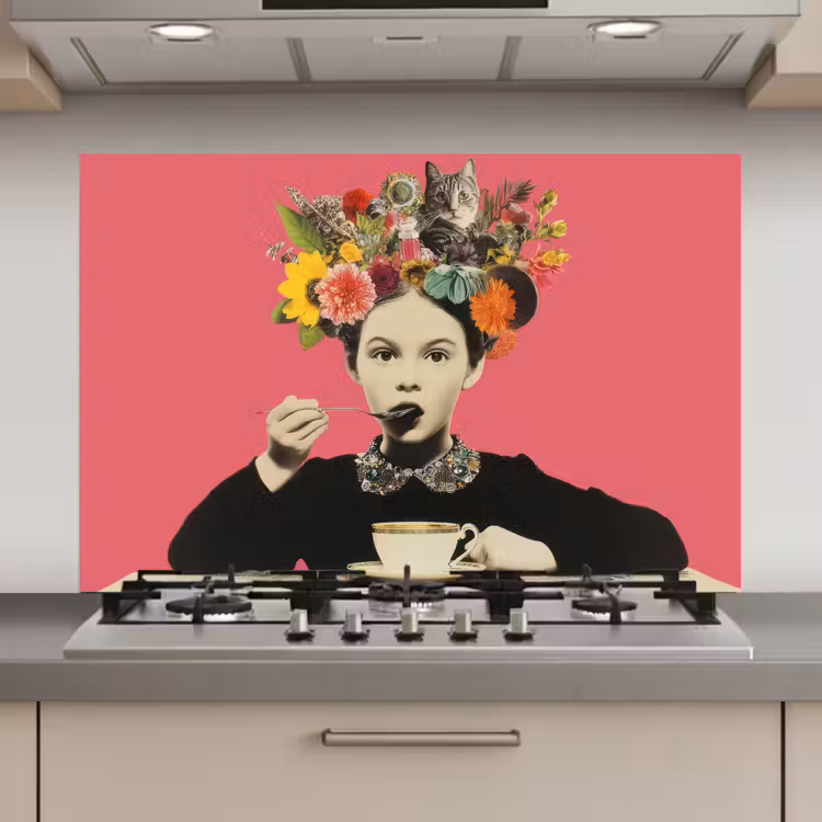 Meisje - Kopje - Bloemen - Roze keuken achterwand spatscherm klein -3d_website