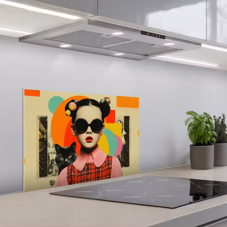 Meisje - Zonnebril - Kat - Retro keuken achterwand spatscherm klein -3d_schuin
