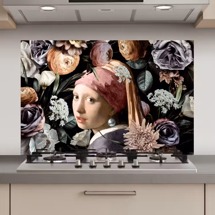 Meisje met de parel - Bloemen - Vermeer - Pastel - Kunstwerk - Schilderij - Oude meesters keuken achterwand spatscherm klein -3d_website