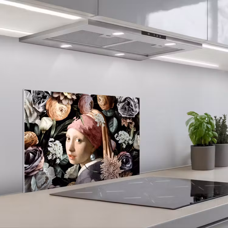 Meisje met de parel - Bloemen - Vermeer - Pastel - Kunstwerk - Schilderij - Oude meesters keuken achterwand spatscherm klein -3d_schuin