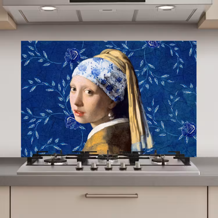 Meisje met de parel - Delfts blauw - Vermeer - Bloemen - Schilderij - Oude meesters keuken achterwand spatscherm klein -3d_website