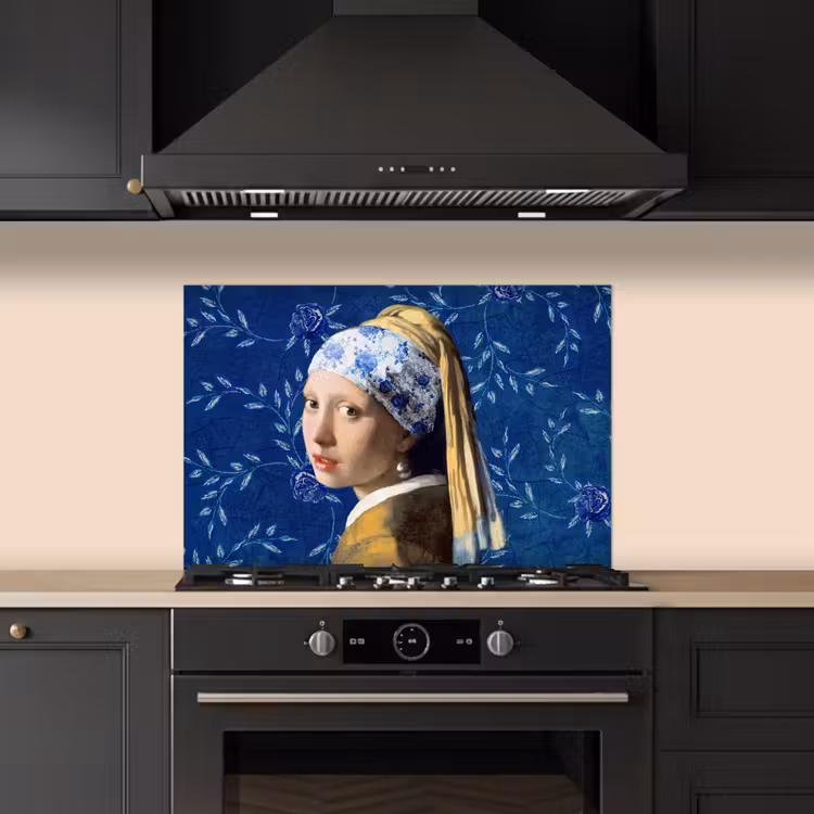 Meisje met de parel - Delfts blauw - Vermeer - Bloemen - Schilderij - Oude meesters keuken achterwand spatscherm klein -sfeer1