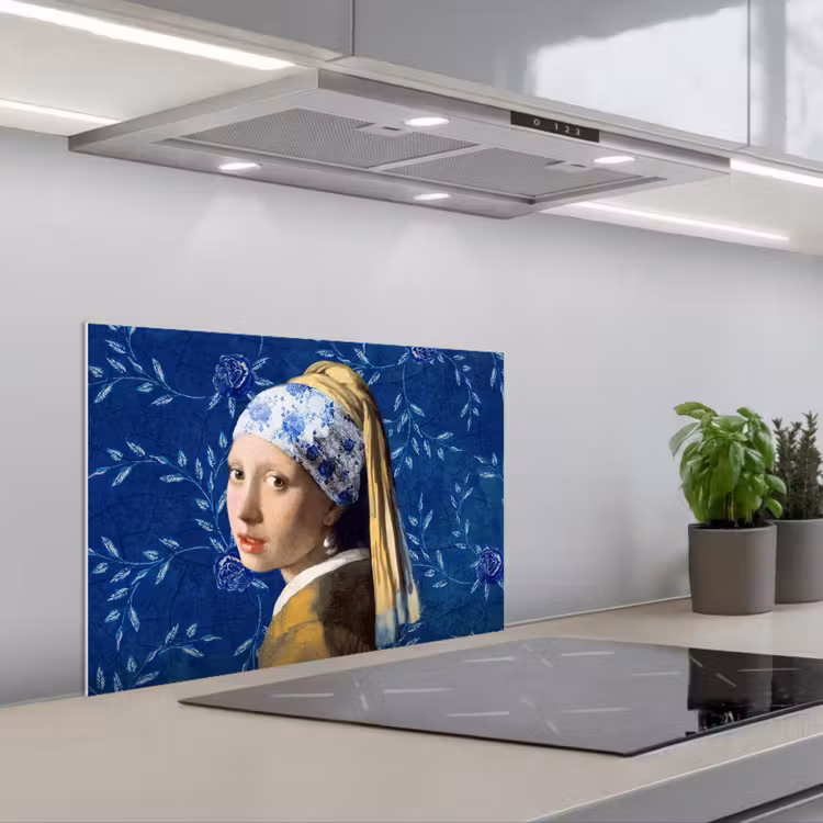 Meisje met de parel - Delfts blauw - Vermeer - Bloemen - Schilderij - Oude meesters keuken achterwand spatscherm klein -3d_schuin