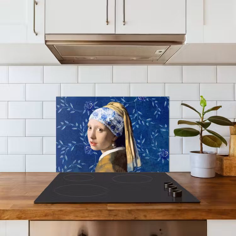 Meisje met de parel - Delfts blauw - Vermeer - Bloemen - Schilderij - Oude meesters keuken achterwand spatscherm klein -sfeer2