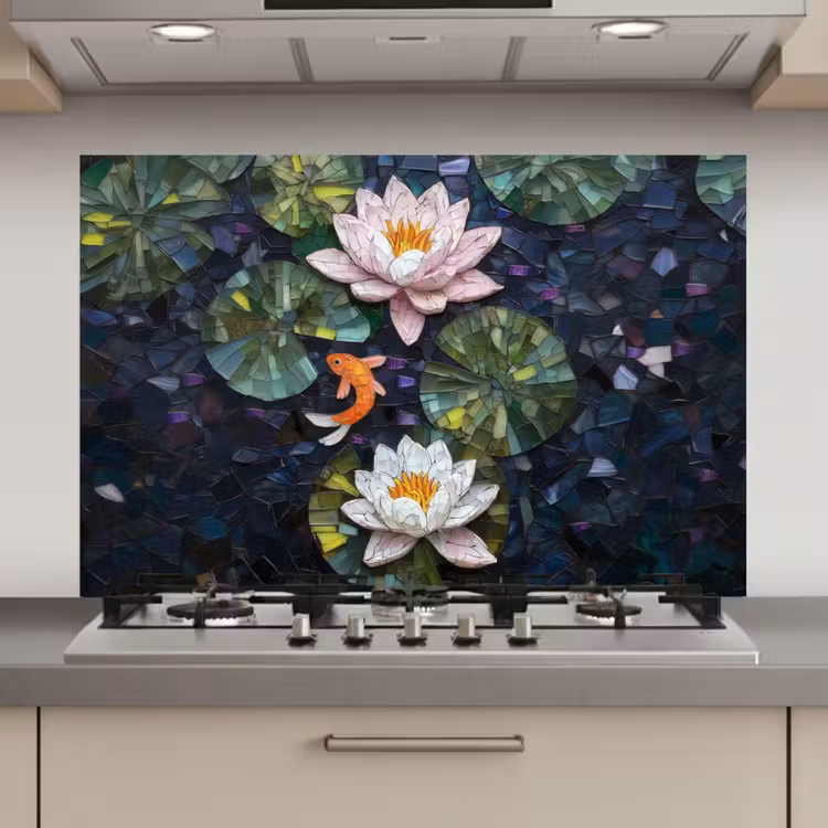 Glasstukjes - Leliebladeren - Vis - Oranje keuken achterwand spatscherm klein -3d_website