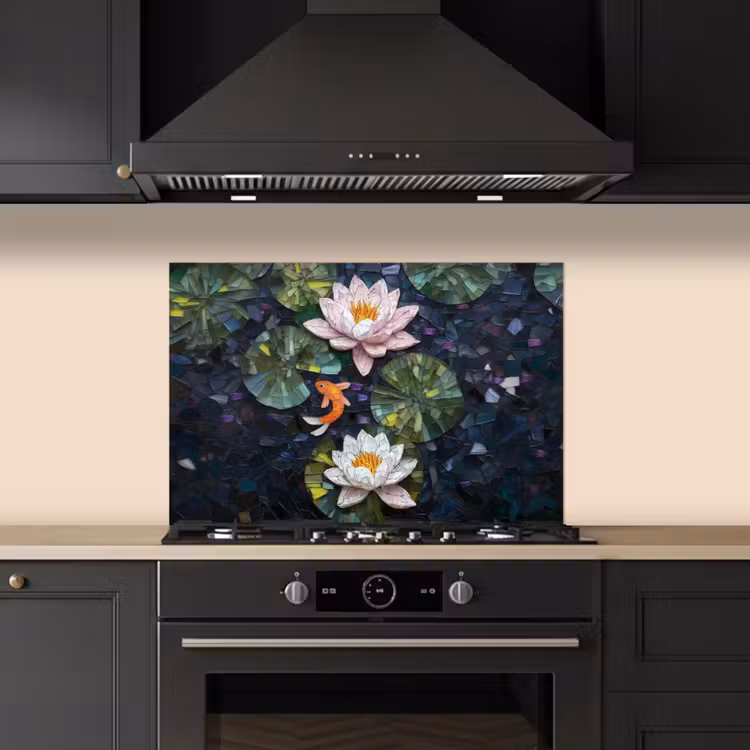 Glasstukjes - Leliebladeren - Vis - Oranje keuken achterwand spatscherm klein -sfeer1