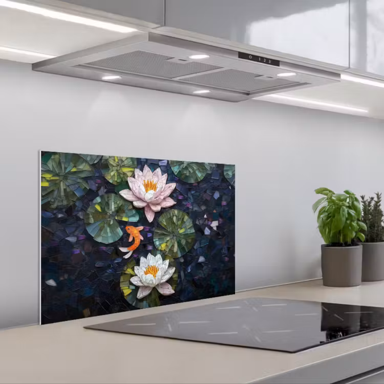 Glasstukjes - Leliebladeren - Vis - Oranje keuken achterwand spatscherm klein -3d_schuin