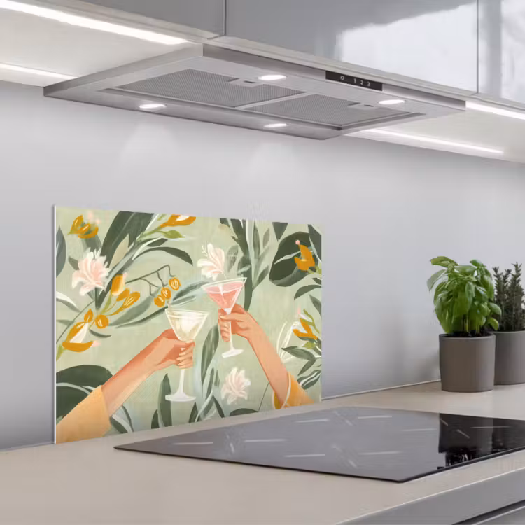 Glazen - Proosten - Bladeren - Groen keuken achterwand spatscherm klein -3d_schuin