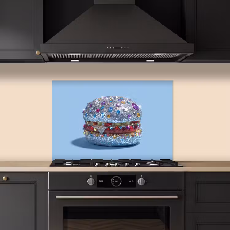 Glitters - Hamburger - Blauw keuken achterwand spatscherm klein -sfeer1