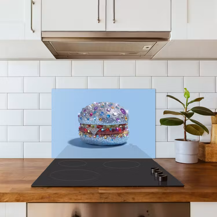 Glitters - Hamburger - Blauw keuken achterwand spatscherm klein -sfeer2