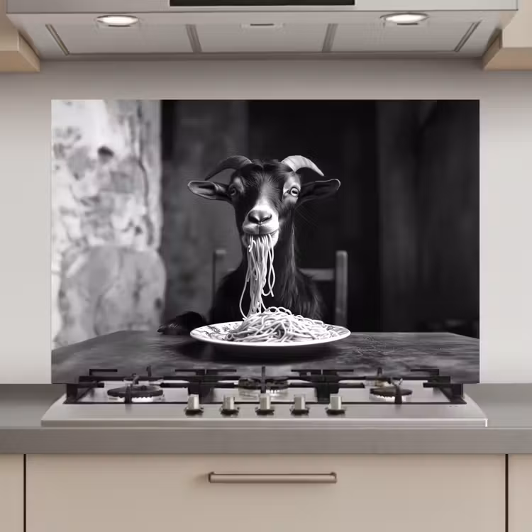 Geit - Bord - Spaghetti - Zwart Wit keuken achterwand spatscherm klein -3d_website