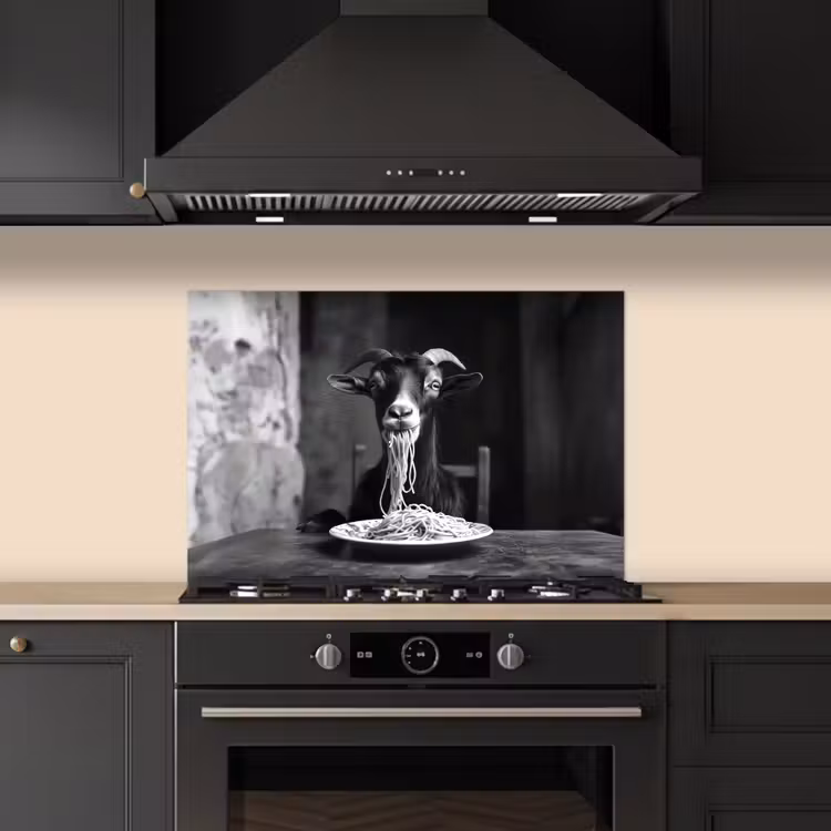 Geit - Bord - Spaghetti - Zwart Wit keuken achterwand spatscherm klein -sfeer1