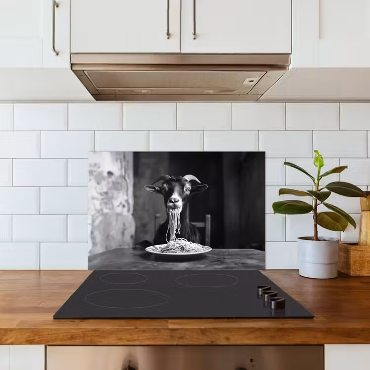 Geit - Bord - Spaghetti - Zwart Wit keuken achterwand spatscherm klein -sfeer2