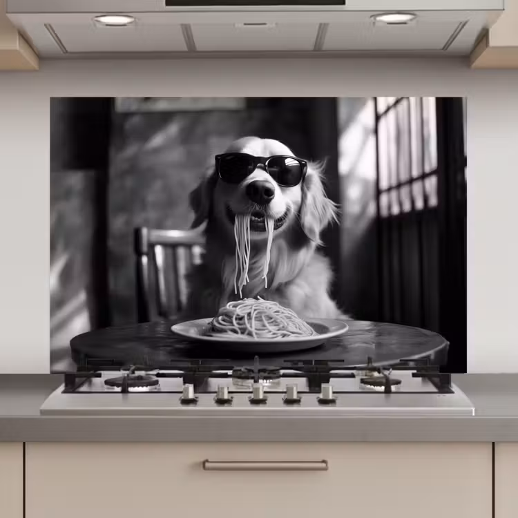 Golden Retriever - Hond - Vrolijk - Bord spaghetti - Zwart - wit keuken achterwand spatscherm klein -3d_website