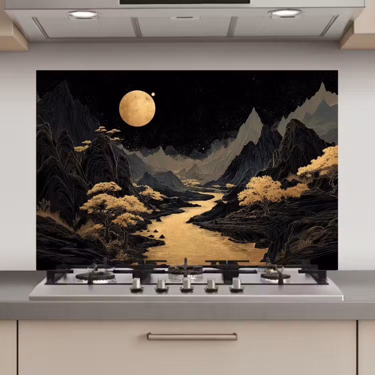Gouden rivier - Bergen - Maan - Sterrenhemel keuken achterwand spatscherm klein -3d_website
