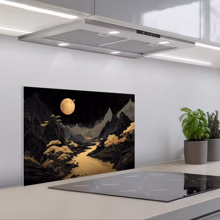 Gouden rivier - Bergen - Maan - Sterrenhemel keuken achterwand spatscherm klein -3d_schuin