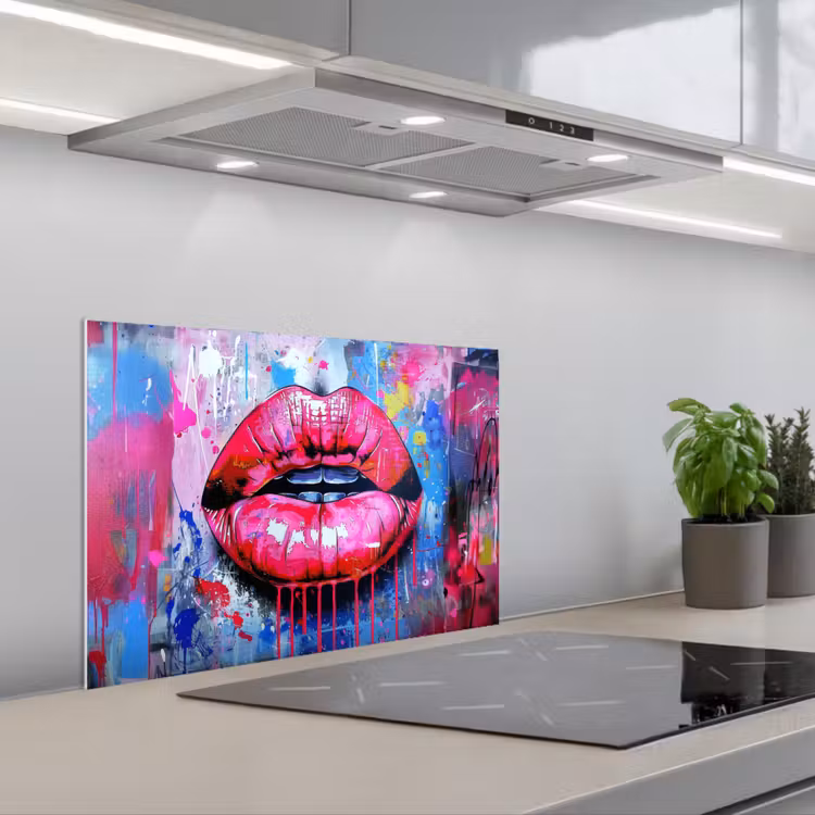 Graffiti - Lippen - Felroze - Geschilderd keuken achterwand spatscherm klein -3d_schuin
