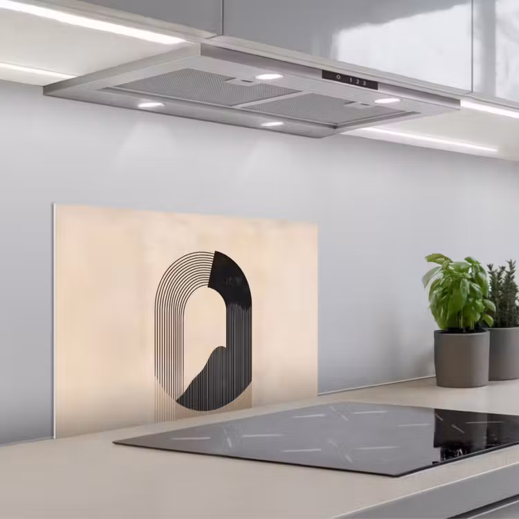 Grafisch gebogen motief - Beige keuken achterwand spatscherm klein -3d_schuin