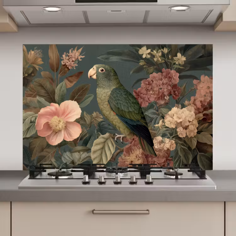 Groene papegaai - Kleurrijke bloemen - Donkere achtergrond keuken achterwand spatscherm klein -3d_website