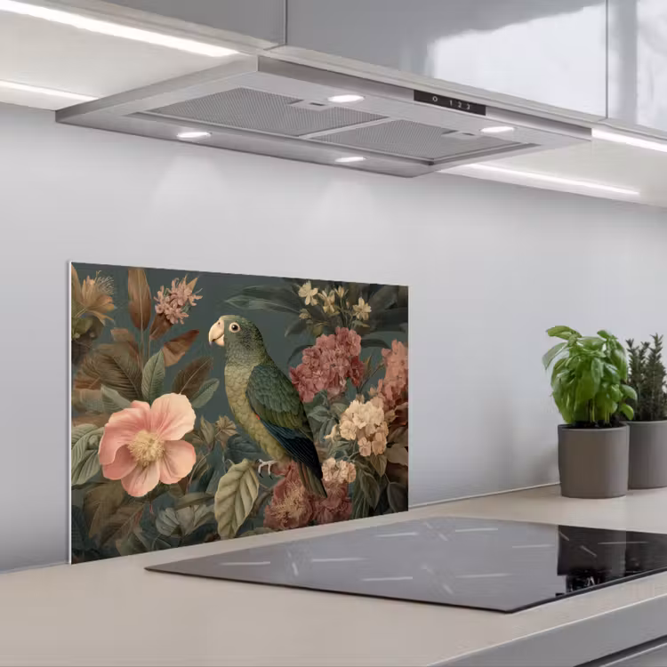 Groene papegaai - Kleurrijke bloemen - Donkere achtergrond keuken achterwand spatscherm klein -3d_schuin