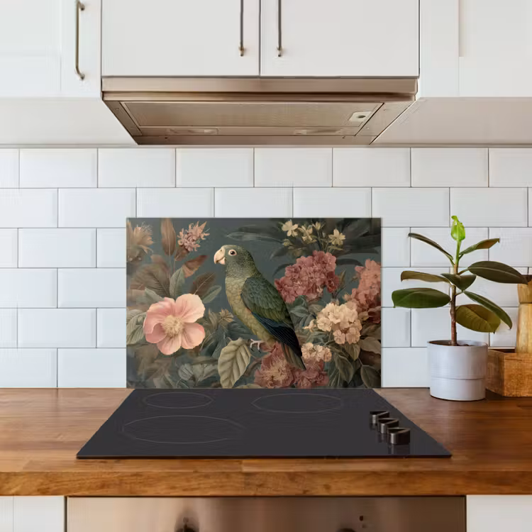 Groene papegaai - Kleurrijke bloemen - Donkere achtergrond keuken achterwand spatscherm klein -sfeer2