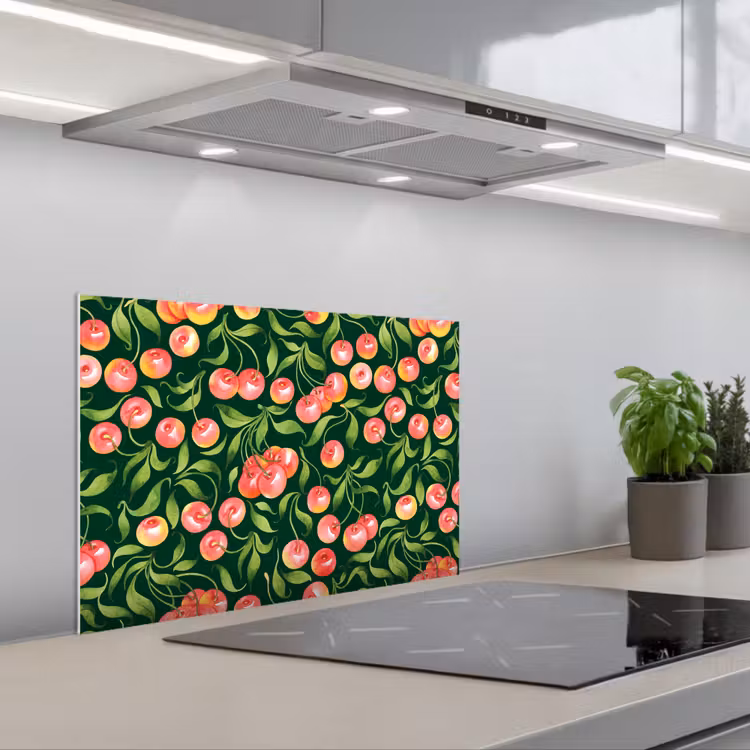 Groen - Rood - Kersen - Bladeren keuken achterwand spatscherm klein 900 -3d_schuin