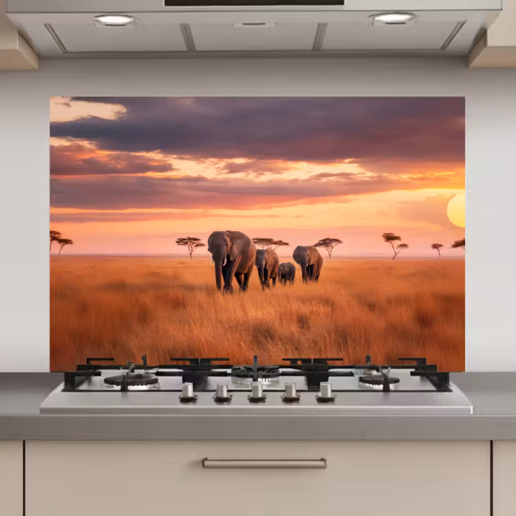 Groep olifanten - Open vlakte - Zon keuken achterwand spatscherm klein -3d_website