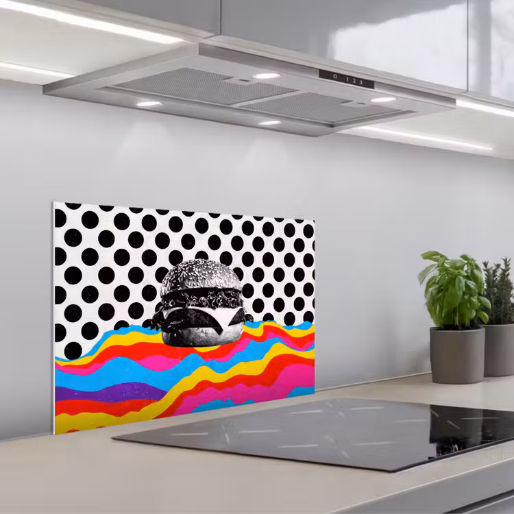 Hamburger - Stippen - Golven - Kleuren keuken achterwand spatscherm klein -3d_schuin