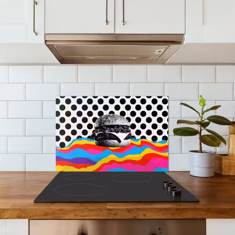 Hamburger - Stippen - Golven - Kleuren keuken achterwand spatscherm klein -sfeer2
