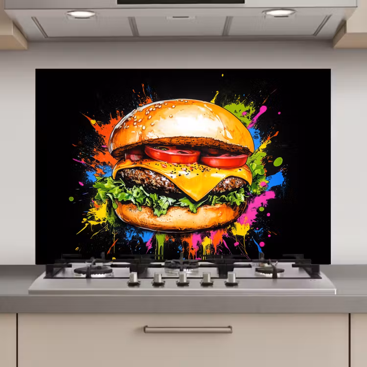 Hamburger - Graffiti - Verf - Kleurrijk - Eten - Abstract keuken achterwand spatscherm klein -3d_website