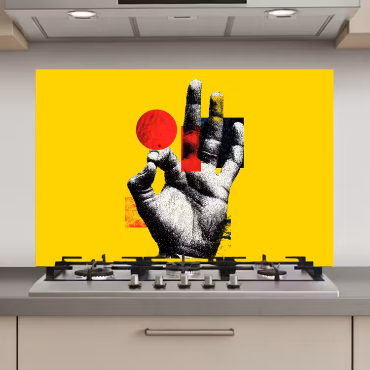 Hand - Rode cirkel - Geel keuken achterwand spatscherm klein -3d_website