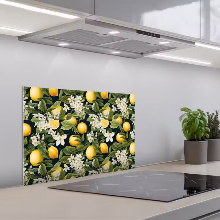 Hangende - Citroenen - Witte - Bloemetjes keuken achterwand spatscherm klein 900 -3d_schuin