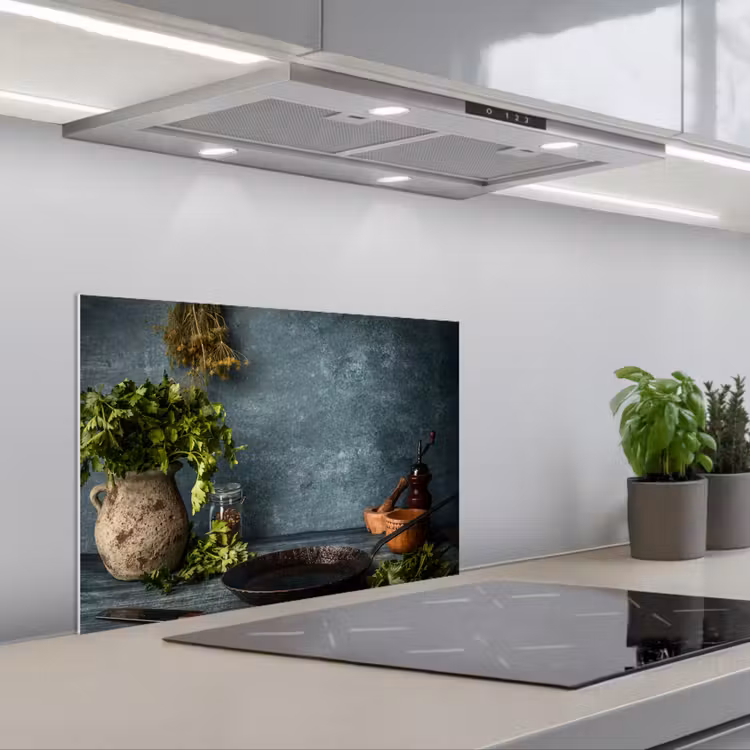 Kruiden - Specerijen - Pan - Mes - Grijs - Rustiek keuken achterwand spatscherm klein -3d_schuin