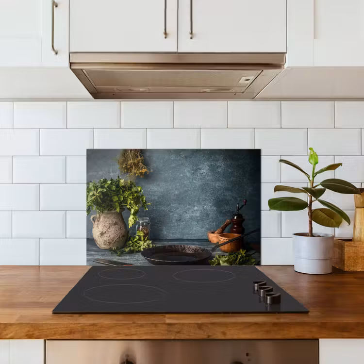 Kruiden - Specerijen - Pan - Mes - Grijs - Rustiek keuken achterwand spatscherm klein -sfeer2