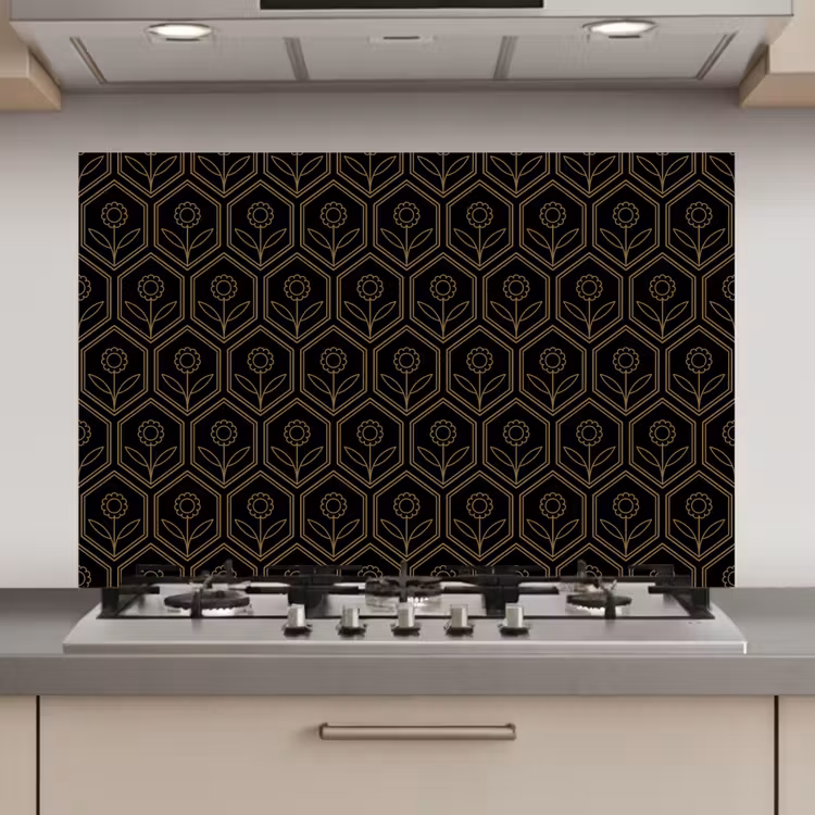 Zeshoek - Zwart - Goud - Bloem keuken achterwand spatscherm klein 900 -3d_website