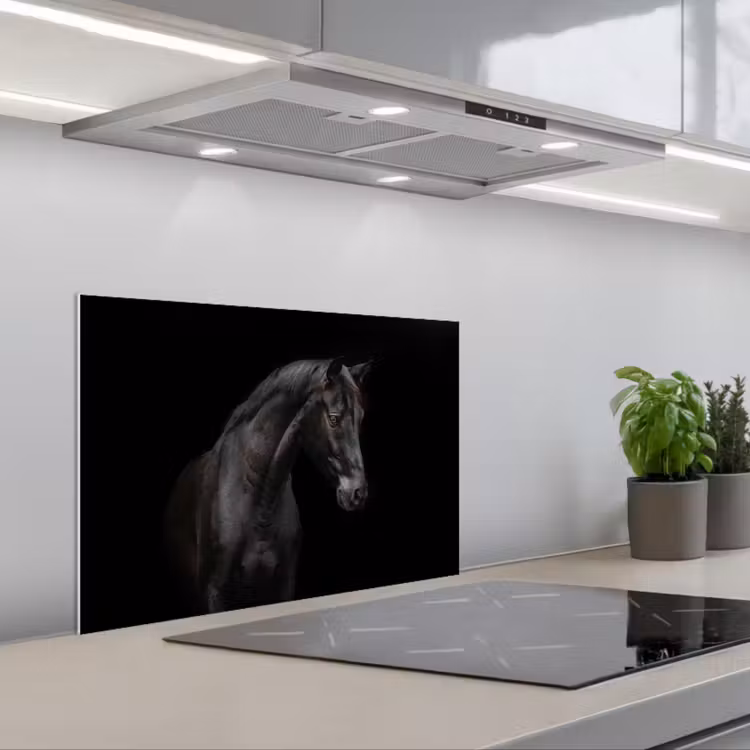 Paard - Dieren - Zwart - Portret keuken achterwand spatscherm klein -3d_schuin