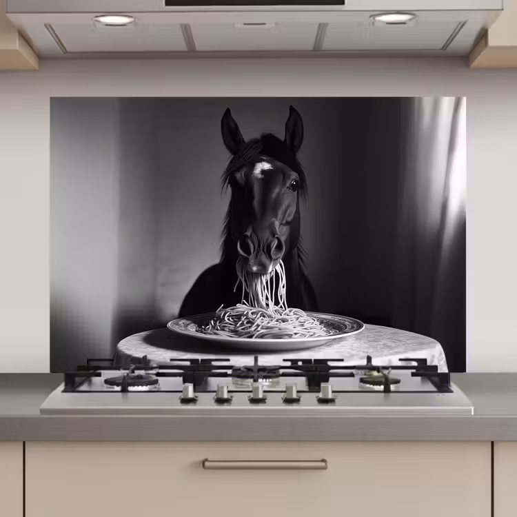 Paard - Bord - Pasta - Tafelkleed - Zwart Wit - Dieren keuken achterwand spatscherm klein -3d_website