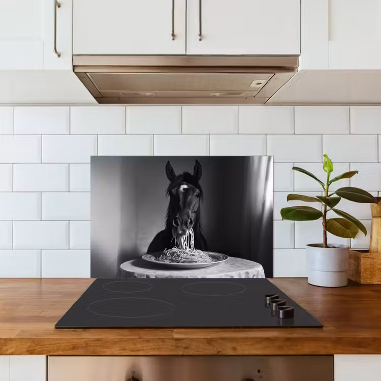 Paard - Bord - Pasta - Tafelkleed - Zwart Wit - Dieren keuken achterwand spatscherm klein -sfeer2