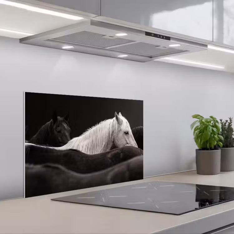 Paarden - Zwart - Wit - Kudde keuken achterwand spatscherm klein -3d_schuin