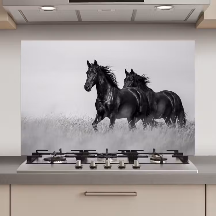 Paarden - Gras - Zwart - Wit keuken achterwand spatscherm klein -3d_website