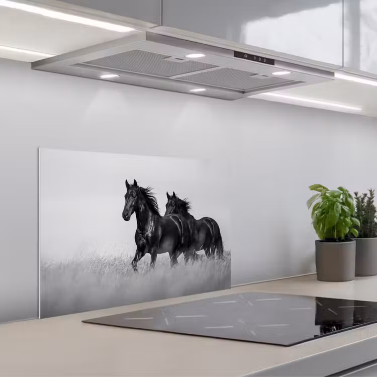 Paarden - Gras - Zwart - Wit keuken achterwand spatscherm klein -3d_schuin