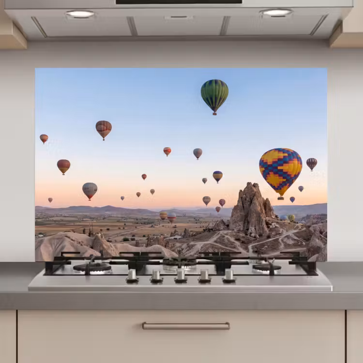 Luchtballonnen - Rotsen - Zonsopgang keuken achterwand spatscherm klein -3d_website