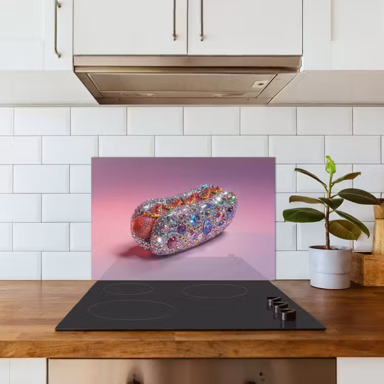 Hotdog - Steentjes - Glitters - Paars keuken achterwand spatscherm klein -sfeer2
