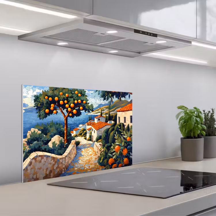 Huizen - Mozaïek - Sinaasappelbomen - Zee keuken achterwand spatscherm klein -3d_schuin