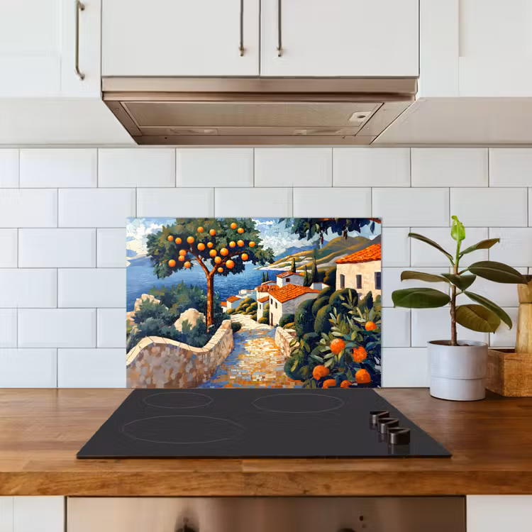 Huizen - Mozaïek - Sinaasappelbomen - Zee keuken achterwand spatscherm klein -sfeer2