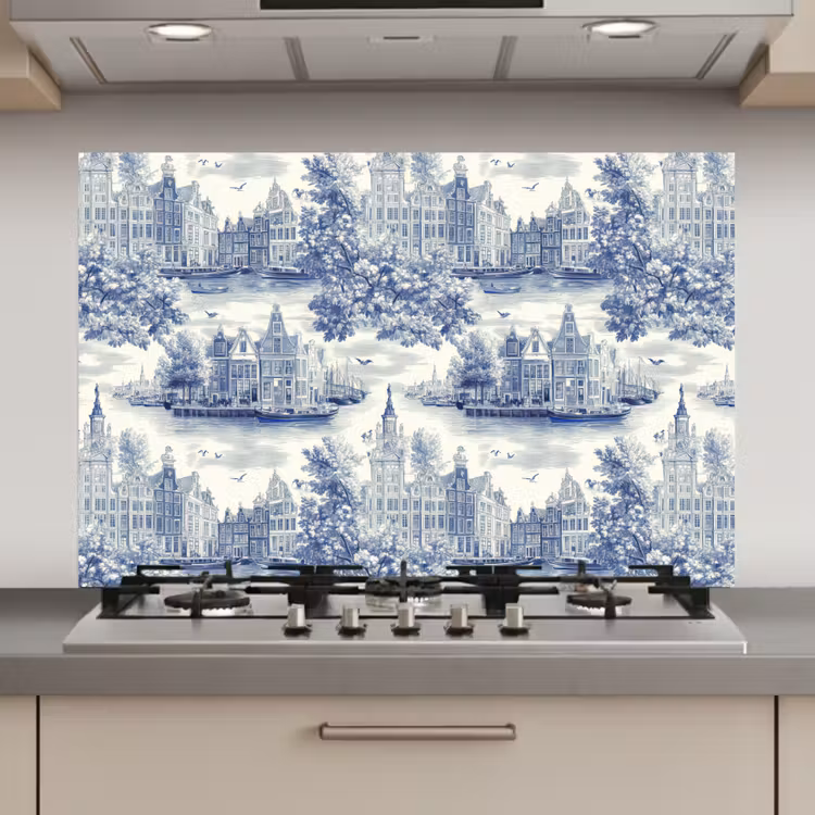 Huizen - Bomen - Water - Vogels - Blauw keuken achterwand spatscherm klein 900 -3d_website