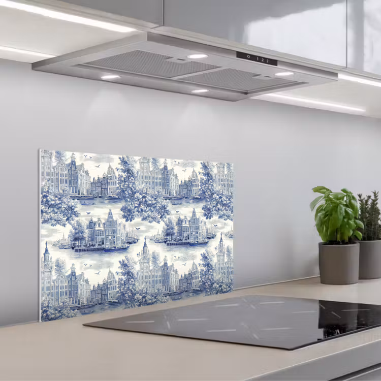 Huizen - Bomen - Water - Vogels - Blauw keuken achterwand spatscherm klein 900 -3d_schuin