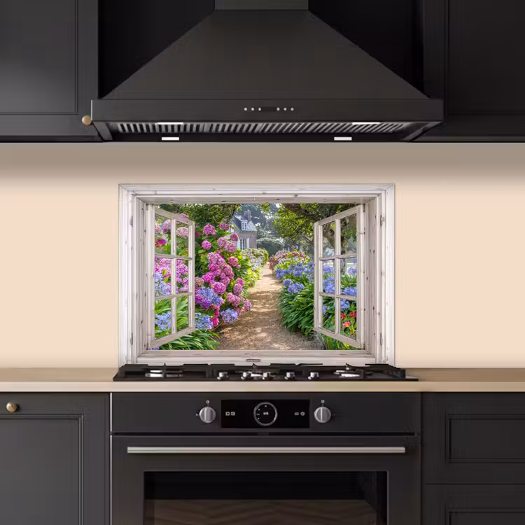 Hortensia - Doorkijk - Bloemen - Zomer - Paars - Pad keuken achterwand spatscherm klein -sfeer1