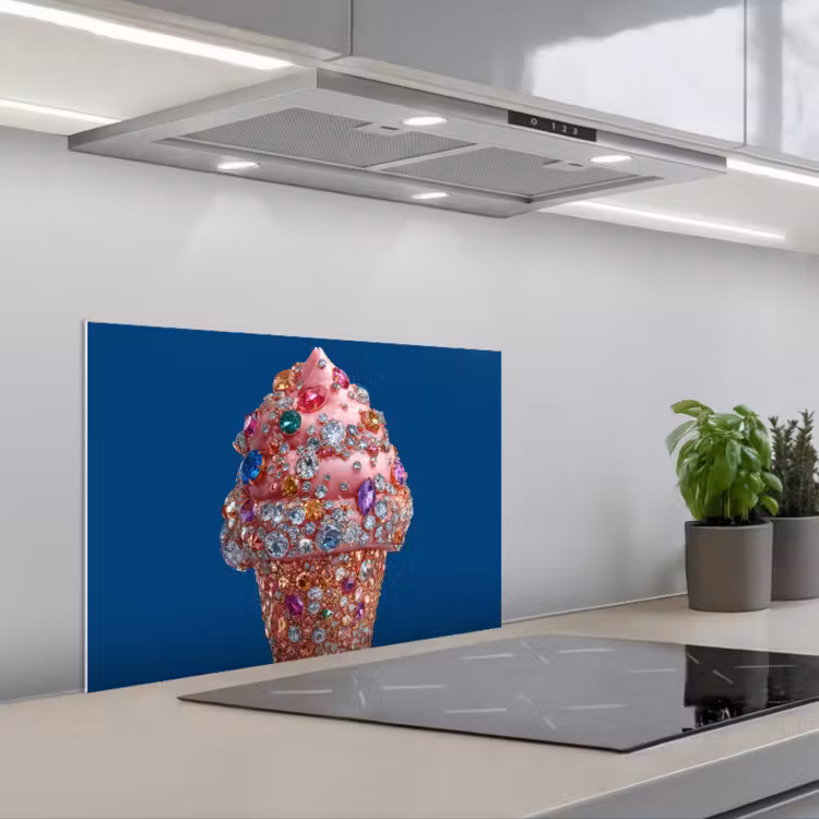Ijsje - Hoorntje - Steentjes - Blauw keuken achterwand spatscherm klein -3d_schuin